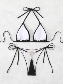 SHEIN Swim 纯色纹理吊带比基尼夏季 - 黑色 - 查看 1