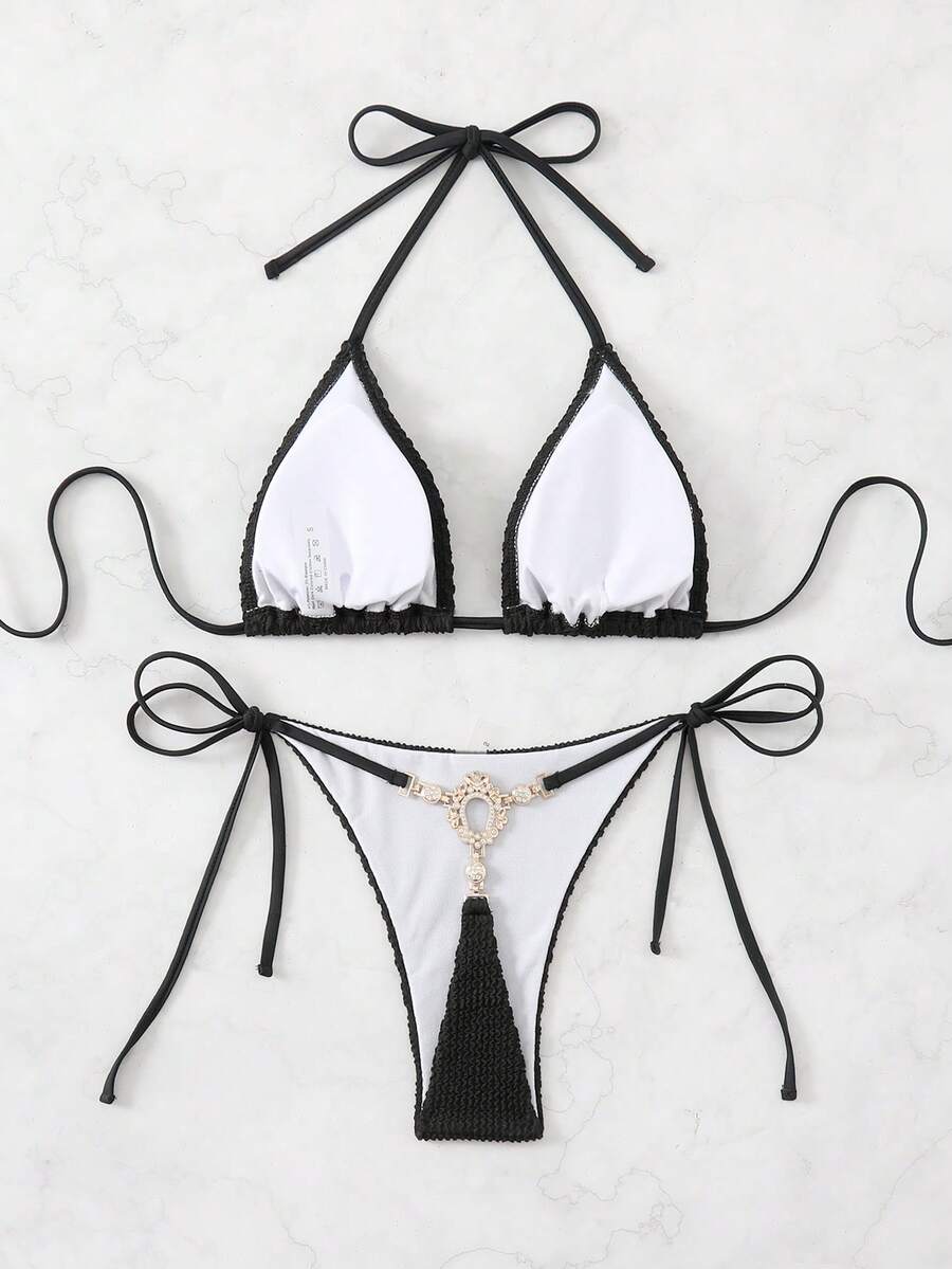 SHEIN Swim 纯色纹理吊带比基尼夏季 - 黑色 - 查看 1
