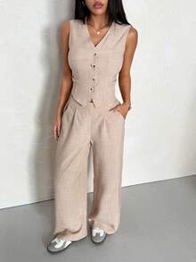 SHEIN PETITE Women's Solid Color Single-Breasted Vest And Pants Casual Suit Set ,Petite Women - Khaki - View 4