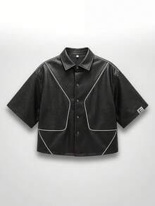 NEON BLANC Men's Summer Casual PU Leather Woven Textured Front Button Short Sleeve Shirt - Black - View 1