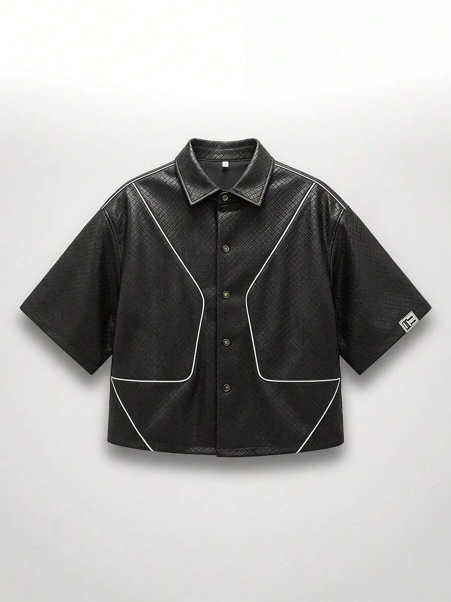NEON BLANC Men's Summer Casual PU Leather Woven Textured Front Button Short Sleeve Shirt - Black - View 1