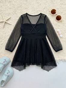 DAZY Young Girl Striped Mesh One-Piece Swimsuit Vacation Summer - Black - View 1