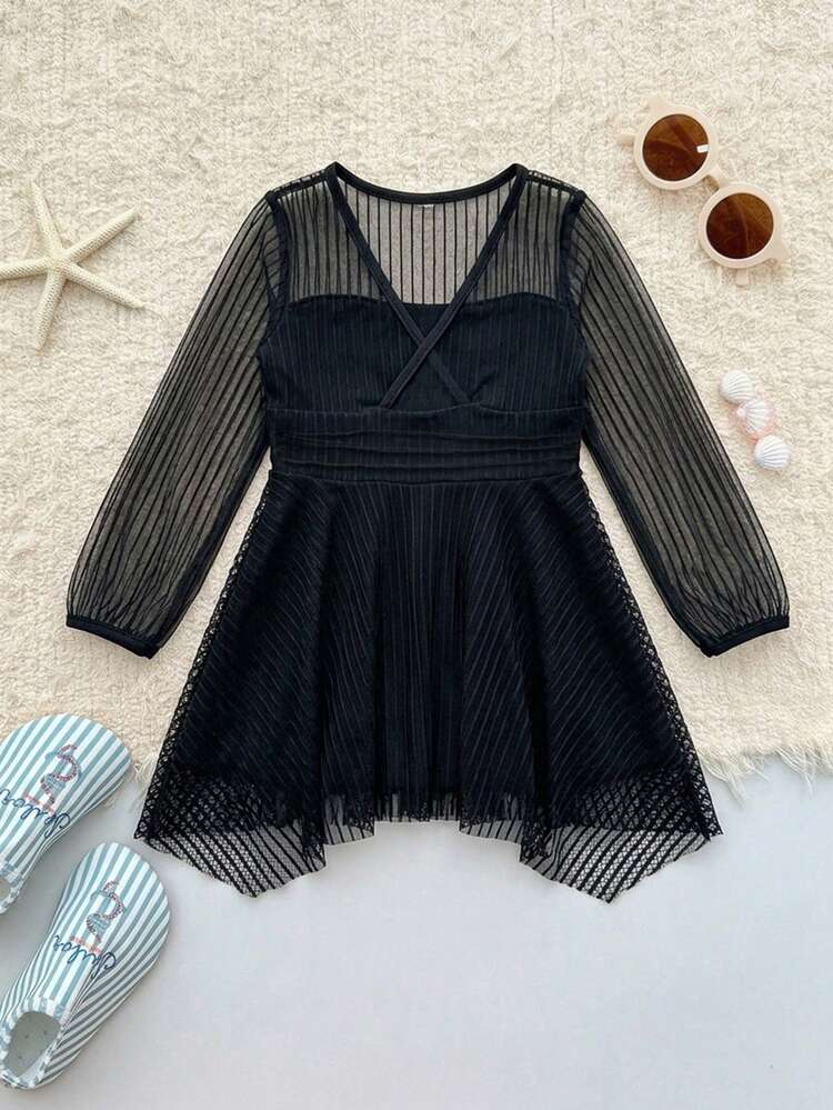 Young Girl Striped Mesh One-Piece Swimsuit Vacation