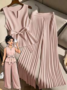 GlowEve CURVE 2 piezas Conjunto de top sin mangas y pantalones anchos de pierna ancha plisados informales para mujer de talla grande - Rosa vieja - Ver 1