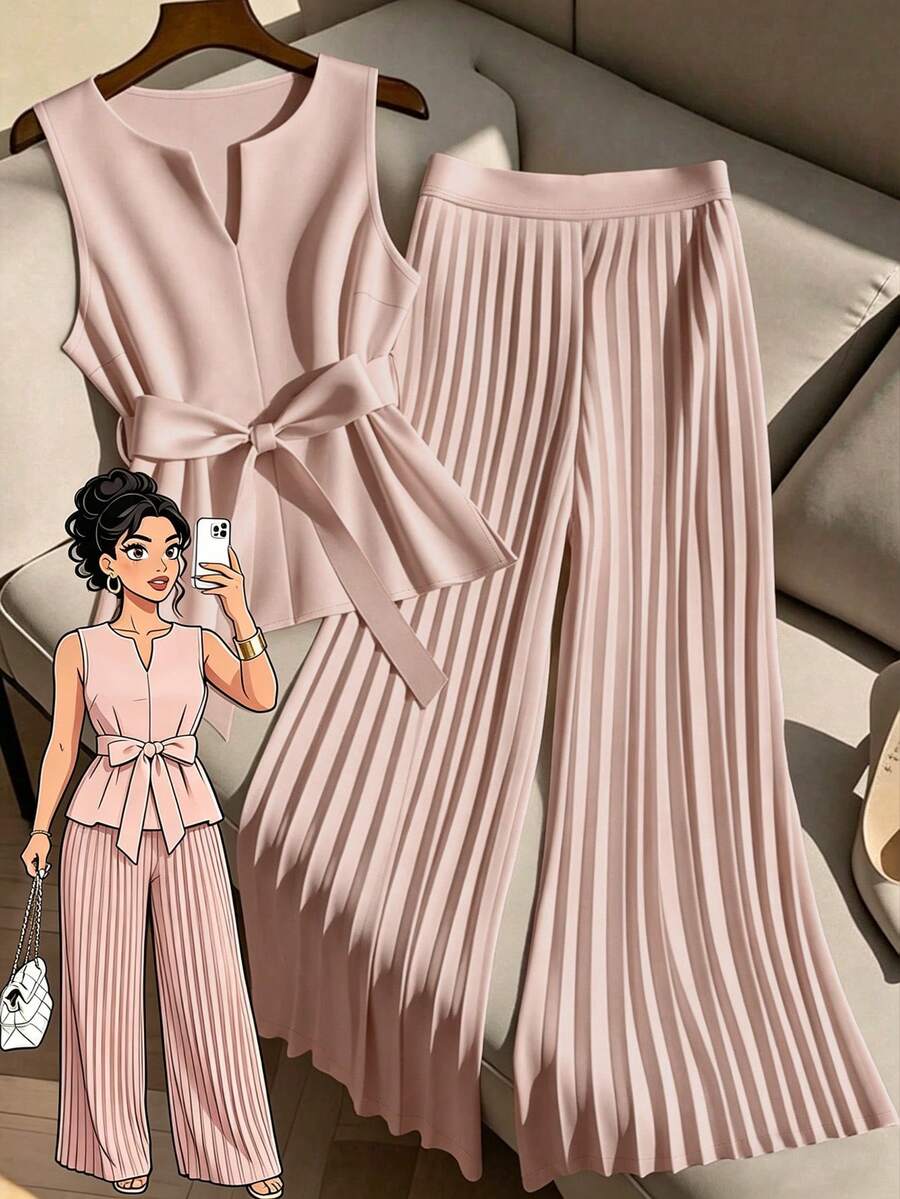 GlowEve CURVE 2 piezas Conjunto de top sin mangas y pantalones anchos de pierna ancha plisados informales para mujer de talla grande - Rosa vieja - Ver 1