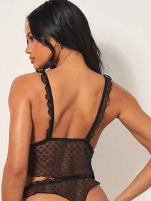 MISSGUIDED Sheer Mesh Polka Dot Lingerie Set With Matching Cheeky Panties Black Intimate Babydoll Style - Black - View 2