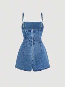 SHEIN MOD Quần yếm denim nữ và bộ áo liền quần có dây đeo, màu xanh dương. - Rửa trung bình - Xem 2
