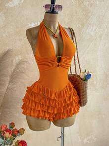 Soleia Bộ jumpsuit hở lưng dệt kim màu mơ với họa tiết vòng tròn trang trí, thanh lịch dành cho nữ, phù hợp cho Halloween, Giáng sinh, kỳ nghỉ, gợi cảm. - trái cam - Xem 5