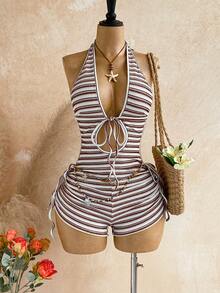 Soleia White And Brown Knit Textured Hollow Out Drawstring Jumpsuit,Summer Boho Beach Vacation Holiday Holiday, Floral Bohemian For Party - Multicolor - View 3
