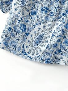 Linhara Camisa de manga corta holgada con estampado floral diminuto, estilo suave y retro - Celeste - Ver 5