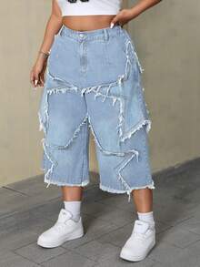 SHEIN ICON 大尺碼女款街頭時尚風格 3/4 長度牛仔褲 - 藍色 - 查看 5