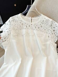 GlowEve CURVE Plus Size Women's Elegant White Summer Party Hollow Lace Patchwork Short Sleeve Blouse,Classy Solid Color Shirts For Casual And Commuting - Beige - View 8