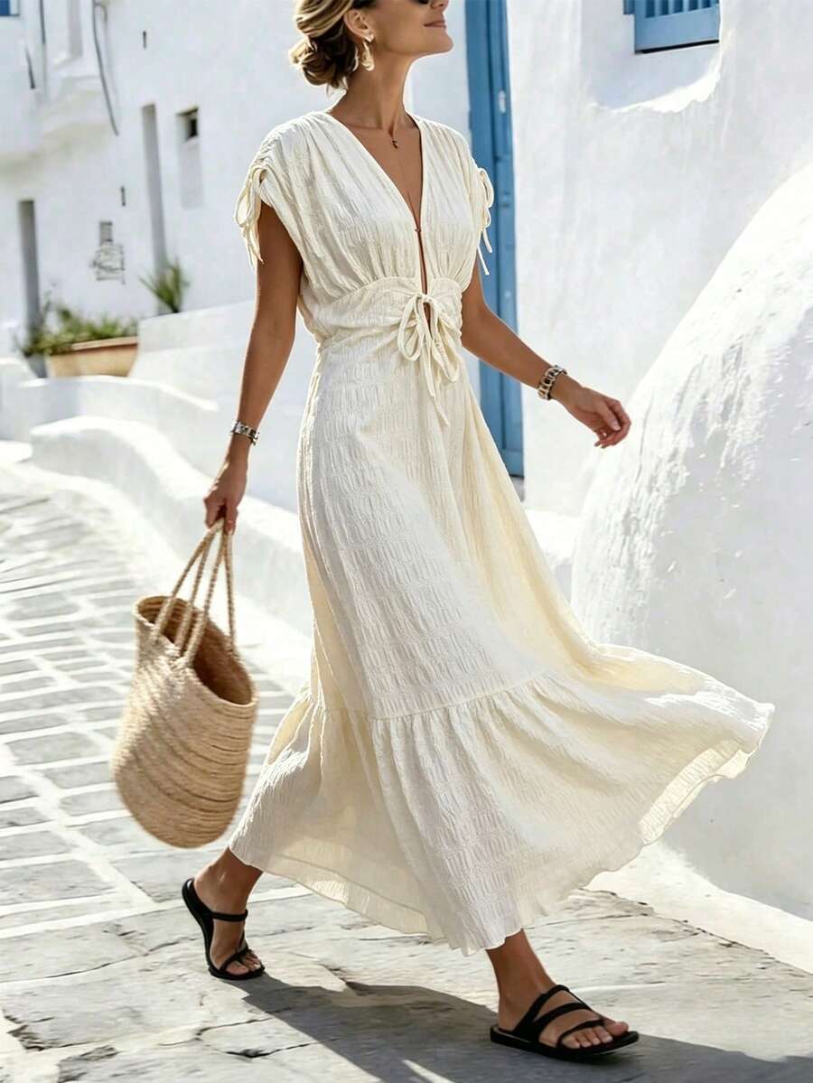 SHEIN Holidaya 女士度假腰带肩部抽绳设计休闲连衣裙