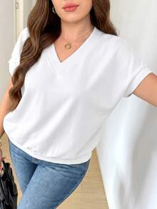 SHEIN LUNE Plus Size Women V-Neck Short Sleeve Casual Loose Top - White - View 6