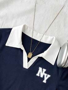 Attitoon Casual Minimalist Style College NY Letter Placement Print Polo Neck T-Shirt, Navy Blue, Versatile For Spring/Summer - Multicolor - View 3