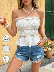 Elyressa Top bandeau con volantes de unicolor para vacaciones - Blanco - Ver 1