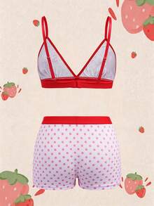 Strawberry Shortcake X SHEIN Bộ áo lót và áo ngực hai dây in họa tiết chấm bi dành cho nữ - Hồng - Xem 2