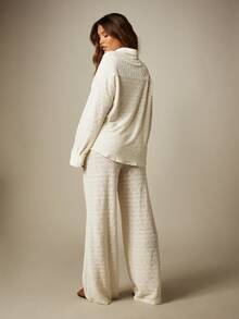 MISSGUIDED Textured Lace Oversized Shirt And Wide Leg Trouser Co-Ord Set Summer Beach Holiday Two-Piece Outfit - Apricot - View 6