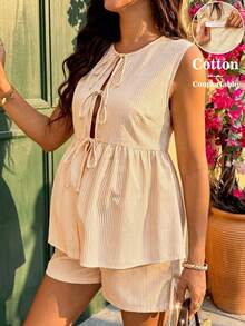 SHEIN 2 piezas Conjunto casual de blusa de manga corta con pliegues y cintura ajustable, y shorts con cintura ajustable para maternidad - Amarillo - Ver 7