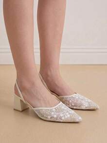Eladyva New Chinese Style White High Heel Mules, Pointed Toe Lace Embroidery Convertible Sandals For Women,Summer Outfits - Beige - View 3