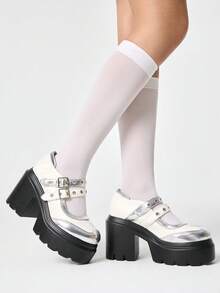 ROMWE Kawaii Giày cao gót nữ Diablo phong cách Rock Punk Goth, mũi kín, kiểu Mary Jane, da nhỏ, gót thô, phong cách Brock Y2K, giày dự tiệc. - Bạc - Xem 3