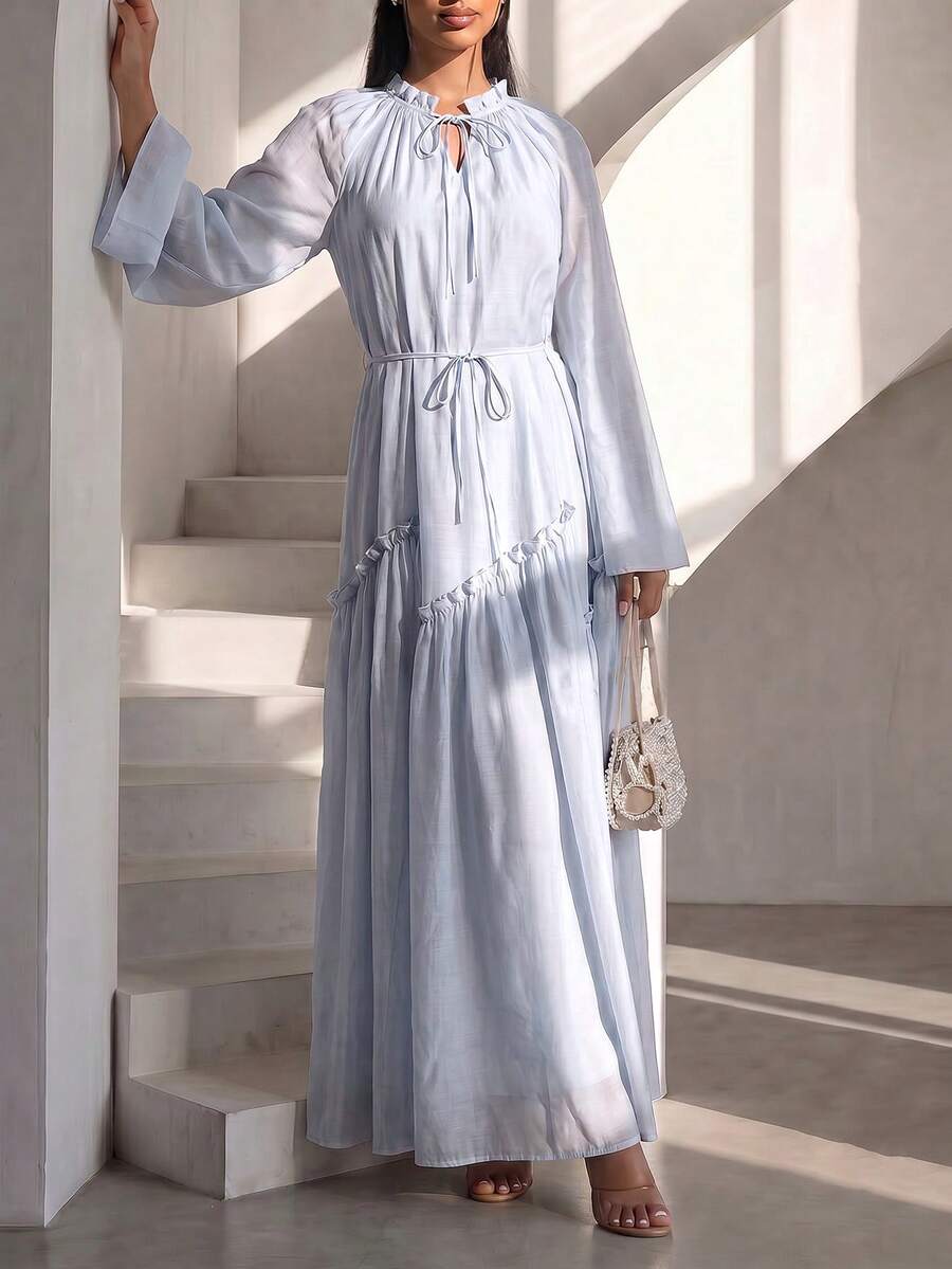 Veilorie Women's Solid Color Tie Neck Raglan Sleeve Arabic Style Dress Summer Modest - Blue - View 1