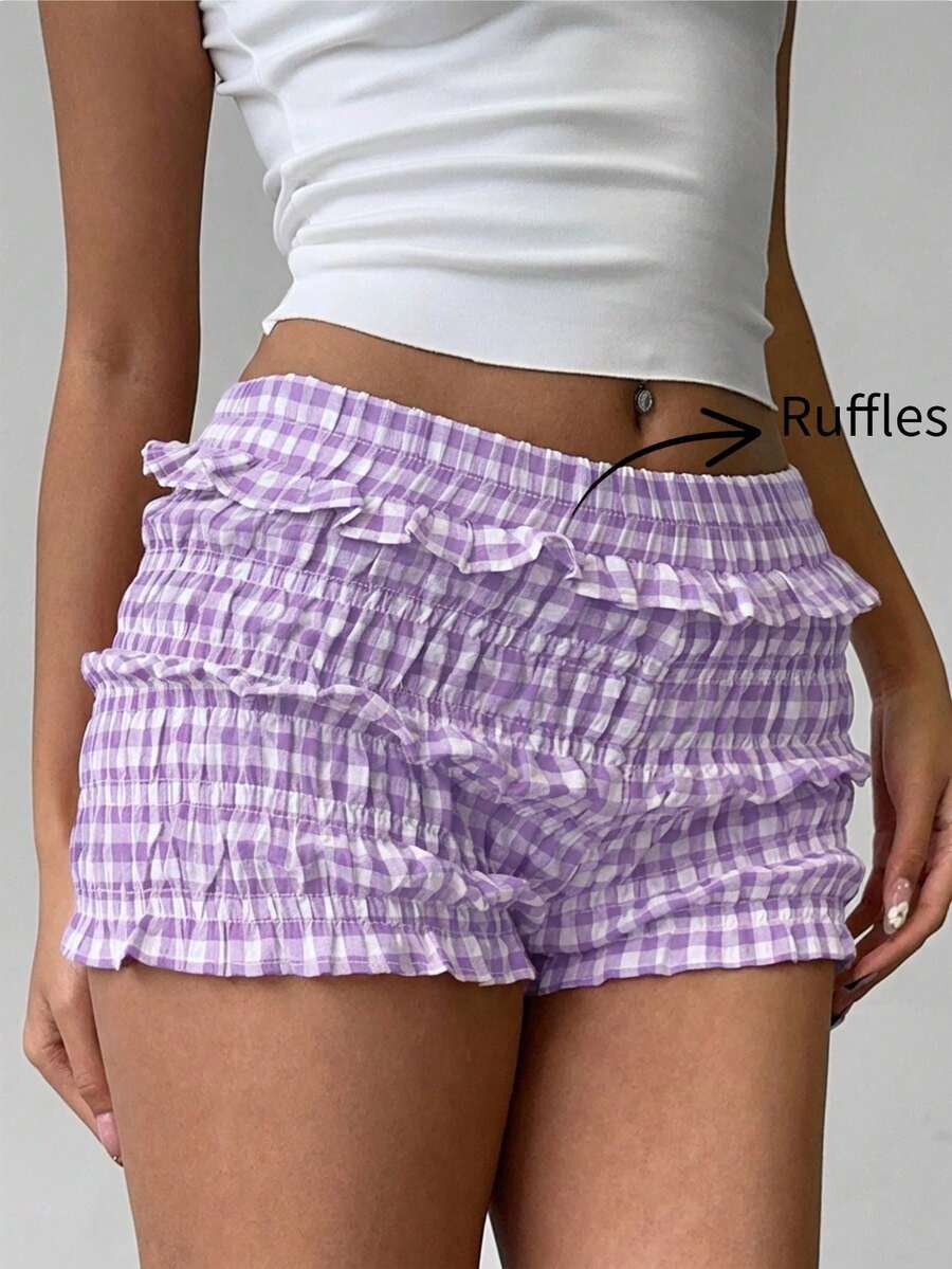 Aloruh Women's Spring/Summer Plaid Cute Countryside Vacation Ruffle Trim White Gingham Bubble Ruffle Hem Shorts Home