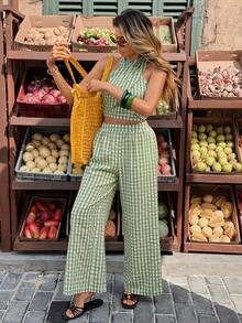 Serisse Women's Casual Vacation Green Plaid Criss-Cross Crop Halter  Top And Wide Leg Pants Casual 2 Pieces Set,Green Two Piece Set, Summer Pant Set, Boho Two Piece Set,Slimming Casual Set,Summer Vacation Outfits,Holiday Outfits For Women, Summer Outfits For Women , Holiday Outfits Western Wear Women Summer Holiday Outfits,Vacation Outfits For Women Resort, Summer 2 Piece Sets Woman Casual Two Piece Set Comfortable Two Piece Set - Green - View 4