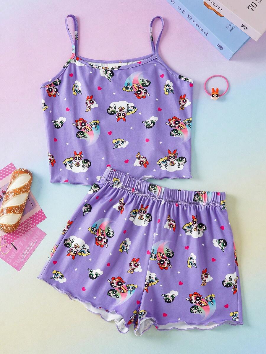 THE POWERPUFF GIRLS X SHEIN 少女卡通印花吊带背心和短裤睡衣套装 - 紫色 - 查看 1