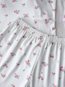 SHEIN 少女简约花卉图案缎带蝴蝶结饰边吊带背心和短裤舒适休闲修身睡衣套装，粉色 - 白色 - 查看 6