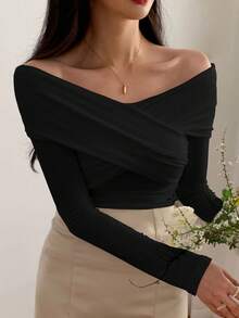 DAZY Solid Off Shoulder Cross Wrap Tee Preppy Tops Long Sleeve Women Tops,Fall Women Clothes Going Out Tops - Black - View 2