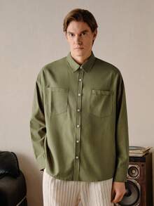 VeloEdit Green Color Men's Dual Pocket Buttoned Up Oversized Shirt, Woven, Collar Army, Baggy Long Sleeve Button Plain Emerald Casual, Fall Old Money - Army Green - View 4