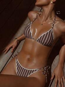 Swim Vcay Women's Brown Stripe Bikini Set, Summer Beach Vacation Holiday Casual Sexy 2 Pieces Swimwear With Lace Triangle Halter Neck Top Side-Tie Bottom - Multicolor - View 3