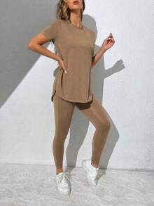 SHEIN Essnce 女款極簡純色圓領下擺開衩短袖上衣與修身長褲2件組 - 摩卡棕 - 查看 4