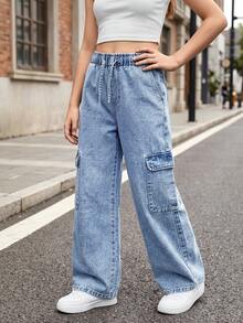 Quần jeans nữ dáng rộng, ống rộng, màu xanh denim bạc màu, cạp chun và dây rút. - Màu xanh lam - Xem 7
