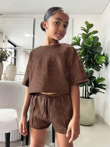 SHEIN 2件套：少女宽松短款T恤+紧身短裤，休闲日常穿搭 - 咖啡棕 - 查看 5