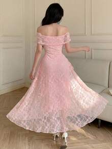 Modelyn Elegant Pink Floral Lace Off-Shoulder Ruffle Trim Waist Long Dress, Spring/Summer Party - Pink - View 2