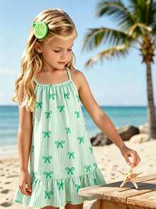 SHEIN Đầm hai dây bằng vải dệt, có nơ và sọc, in kỹ thuật số, viền xếp ly, thích hợp cho bé gái mặc hàng ngày vào mùa hè, đi chơi, du lịch, nghỉ mát, dự tiệc. - màu xanh lá - Xem 1