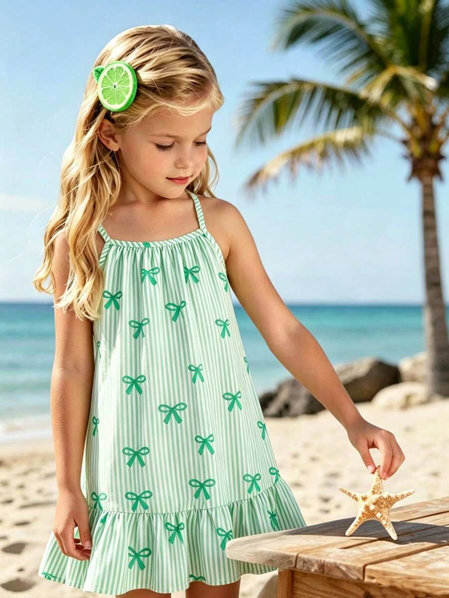SHEIN Đầm hai dây bằng vải dệt, có nơ và sọc, in kỹ thuật số, viền xếp ly, thích hợp cho bé gái mặc hàng ngày vào mùa hè, đi chơi, du lịch, nghỉ mát, dự tiệc. - màu xanh lá - Xem 1