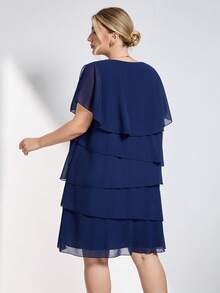 Chikora Plus Size Women's Summer Simple Solid V-Neck Ruffle Bow Decor Dress - Navy Blue - View 2