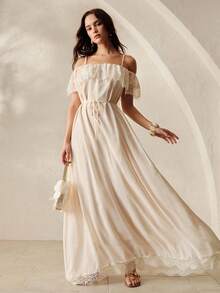 Aveloria Rosie Đầm maxi trễ vai thắt eo bằng ren chiffon màu mơ lãng mạn, gợi cảm, nhẹ nhàng cho buổi hẹn hò, đầm cưới thanh lịch, đầm dự tiệc sang trọng, phối ren kiểu Pháp cổ điển, đa năng cho kỳ nghỉ hè, dã ngoại và mặc thường ngày. - Màu be - Xem 6