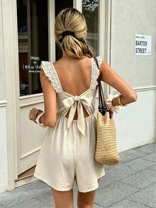 Cévolie Bộ áo liền quần nữ hở lưng buộc dây, phối ren, có họa tiết. - Màu Khaki - Xem 2
