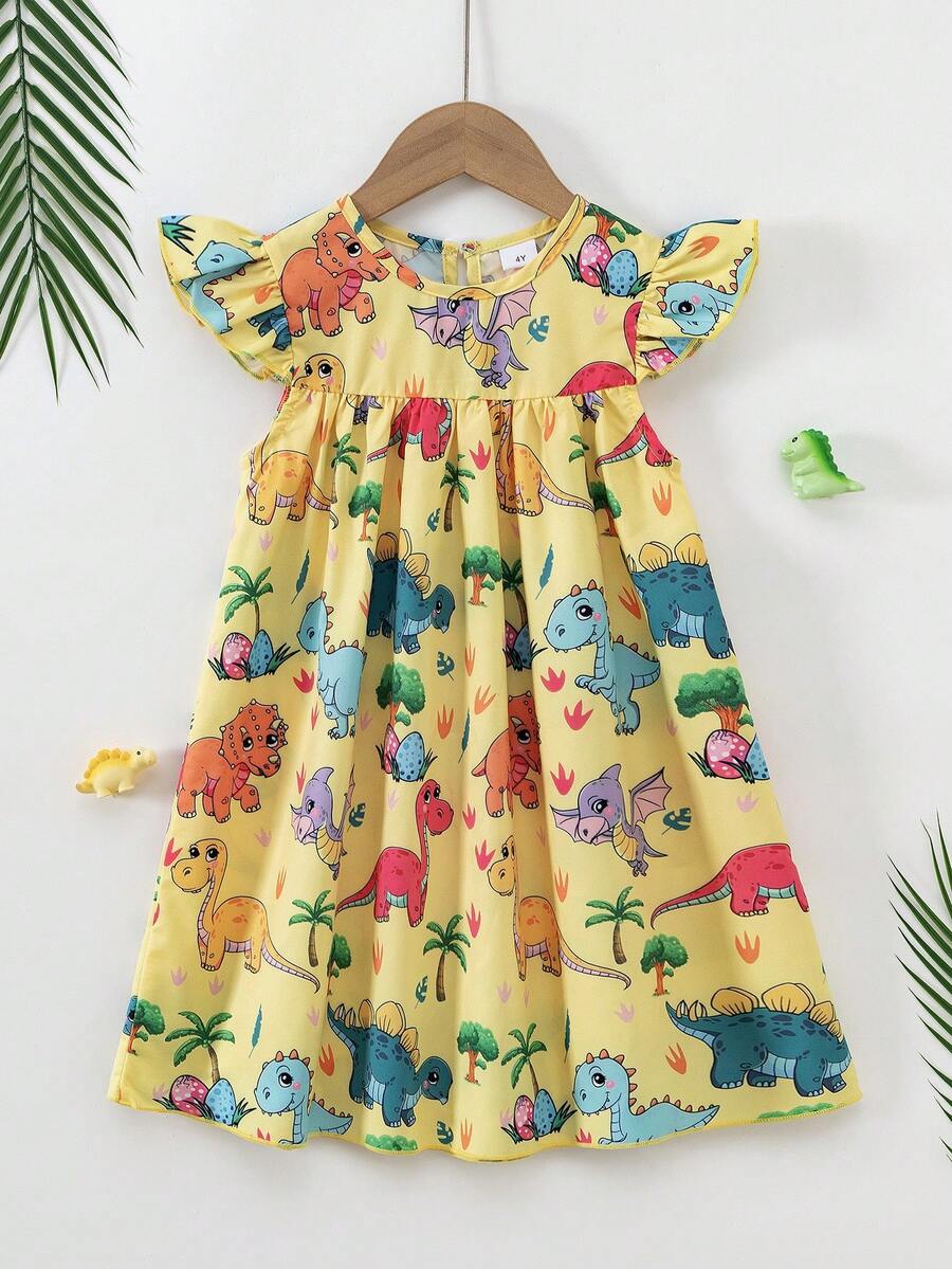 Elladie kids Vestido de verano para niña con estampado de dinosaurio y volantes en el bajo - Amarillo - Ver 1