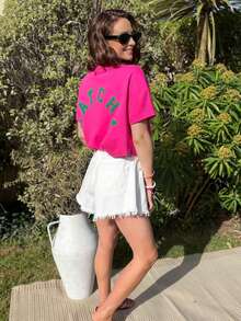 DrmWander Women's T-Shirt, Short Sleeve Graphic Tee, Casual Street Style, Cute Summer Top - 紅白色 - 查看 3