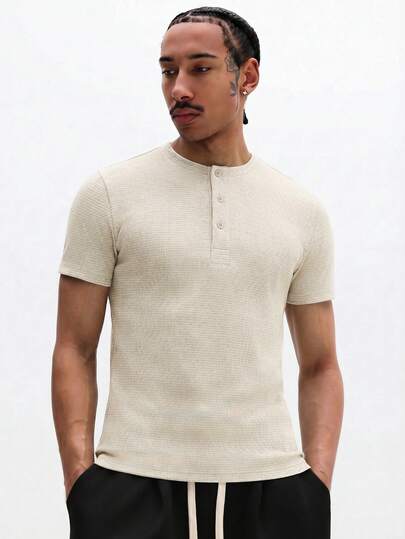 SUMWON Henley Tee With Button Front Placket Short Sleeve Ribbed Texture Classic Casual Summer Spring Everyday Essential Basic Comfortable Relaxed Fit