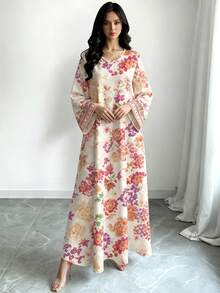 SHEIN Najma 碎花长裙，女士时尚V领长袖连衣裙，女士长款碎花连衣裙，优雅春夏长裙，阿拉伯风格女装 - 彩色 - 查看 4