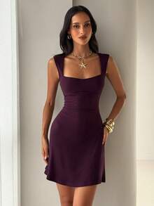 Aloruh Women's Sweetheart Neck Fitted Mesh Dress - Purple - View 6