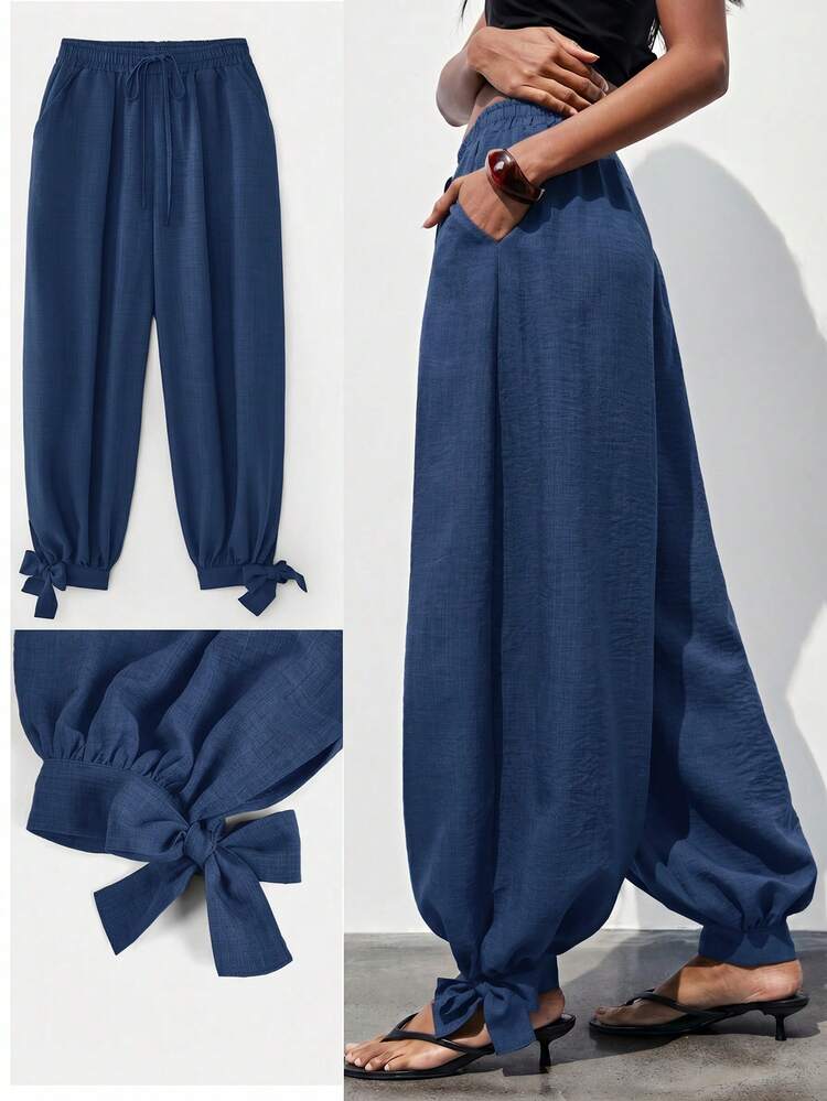 SHEIN Maija Women's Solid Color Drawstring Waist Pocket Wide Leg Pants
