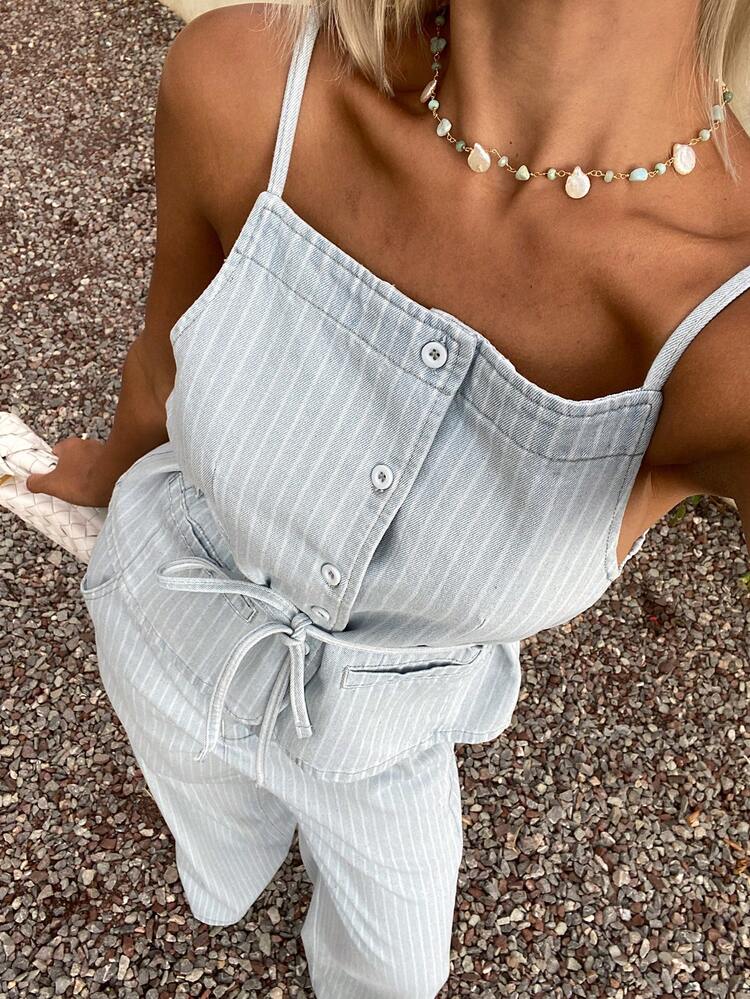 Women's Striped Single-Breasted Camisole Top And Long Pants Casual Denim Suit