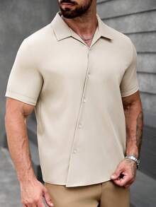 Manfinity Mode Men's Solid Beige Summer Short Sleeve Shirt,Smart Casual Office Wear,Old Money Style,Relaxed Fit For Vacation,Wedding,Daily Leisure & Weekend Trips - Khaki - View 3